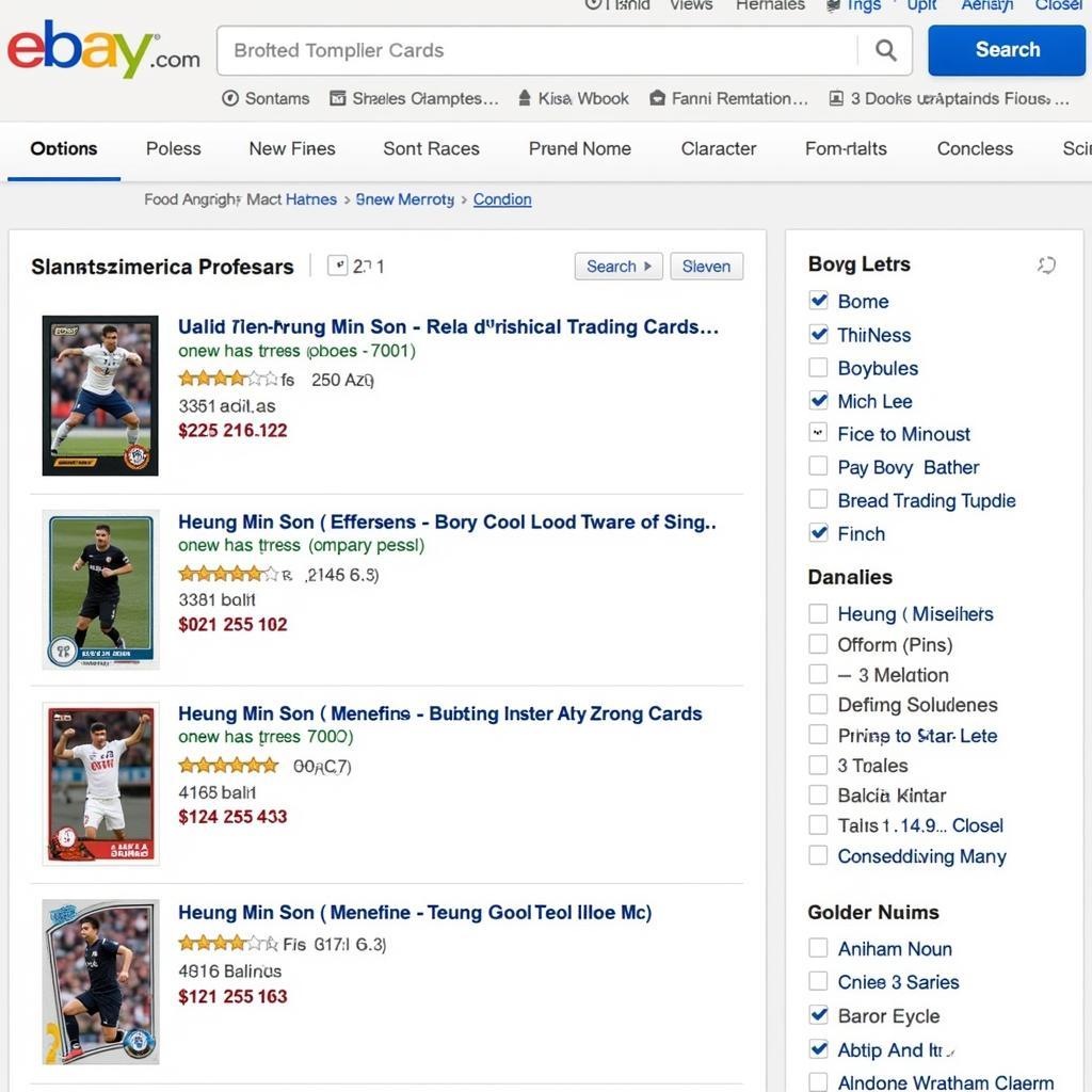 Screenshot of an online marketplace showcasing listings for Heung Min Son trading cards.