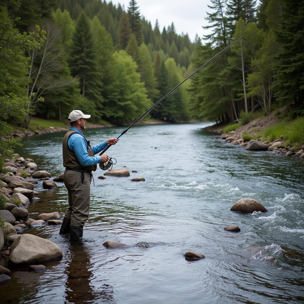 Fly fisherman casting in a clear, flowing river, surrounded by trees and rocks.