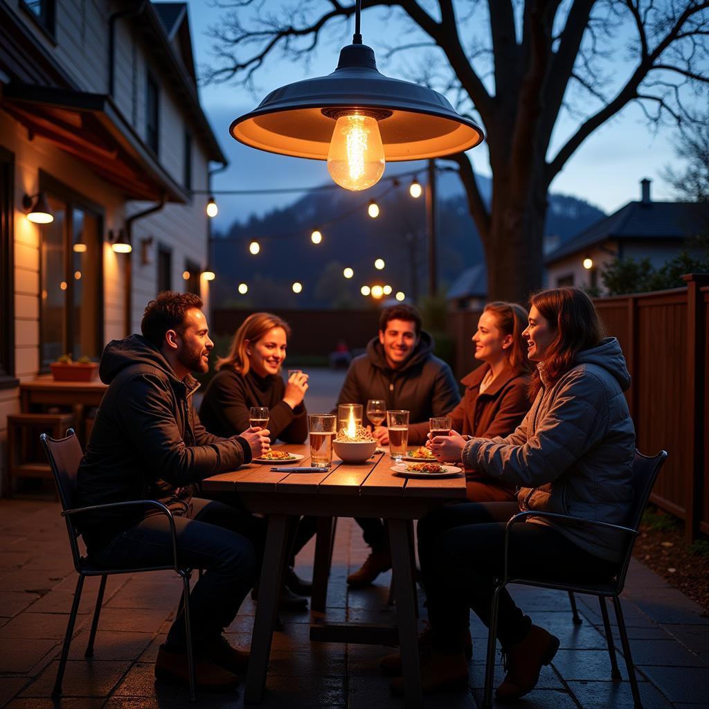 Enjoying an Outside Heat Lamp on a Winter Patio Gathering