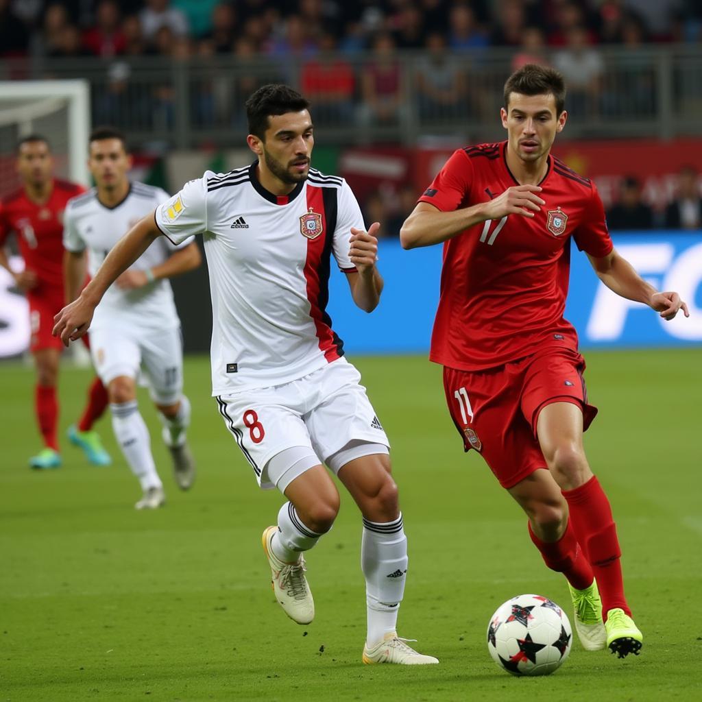 Palestinian football team playing an international match, wearing their national team jerseys.