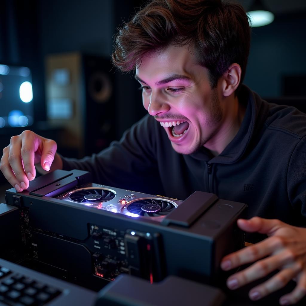 A gamer unboxing a PC mystery box, revealing a new graphics card.