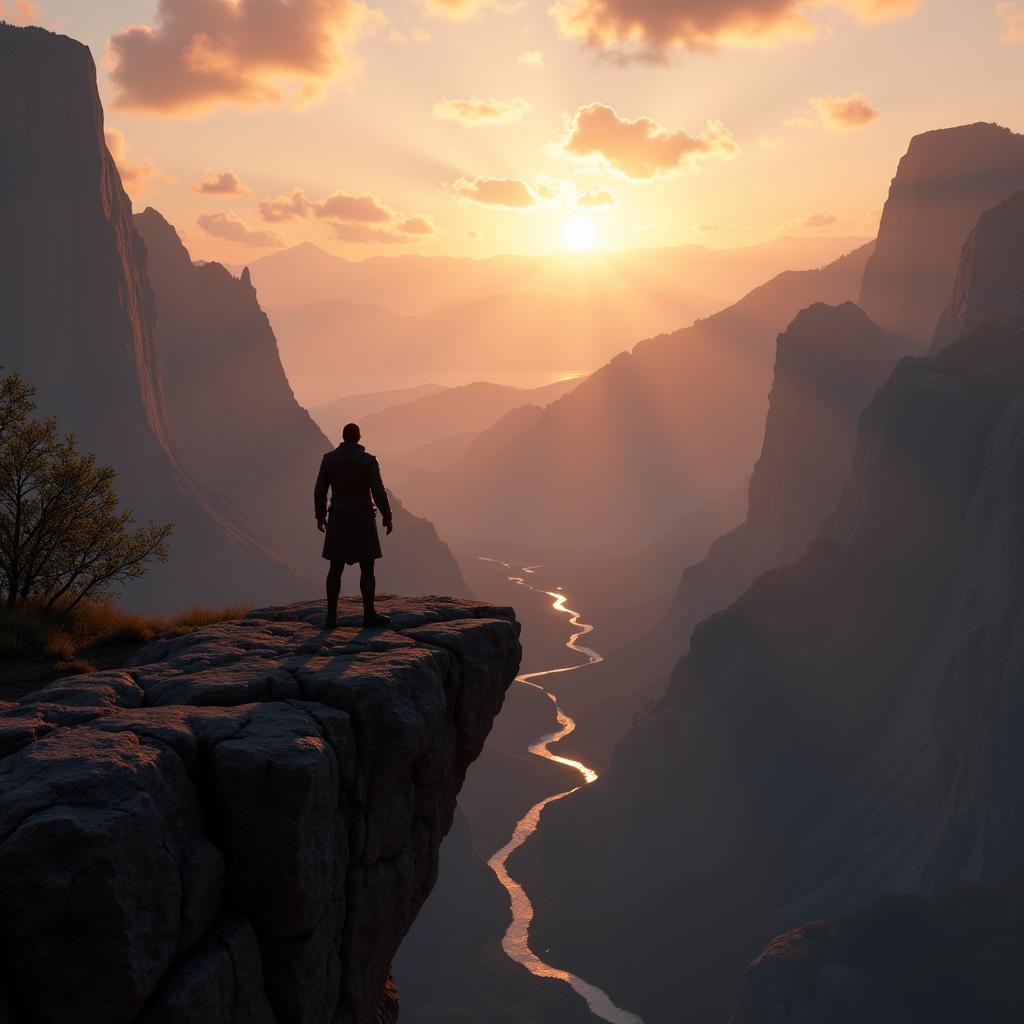 A perfectly composed gaming screenshot showing a character overlooking a vast landscape, demonstrating ideal lighting and depth of field.