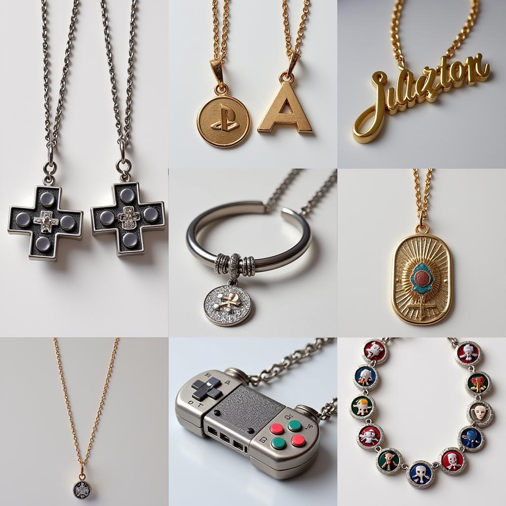 Collection of PlayStation-inspired jewelry showcasing necklaces, earrings, and bracelets with iconic symbols.