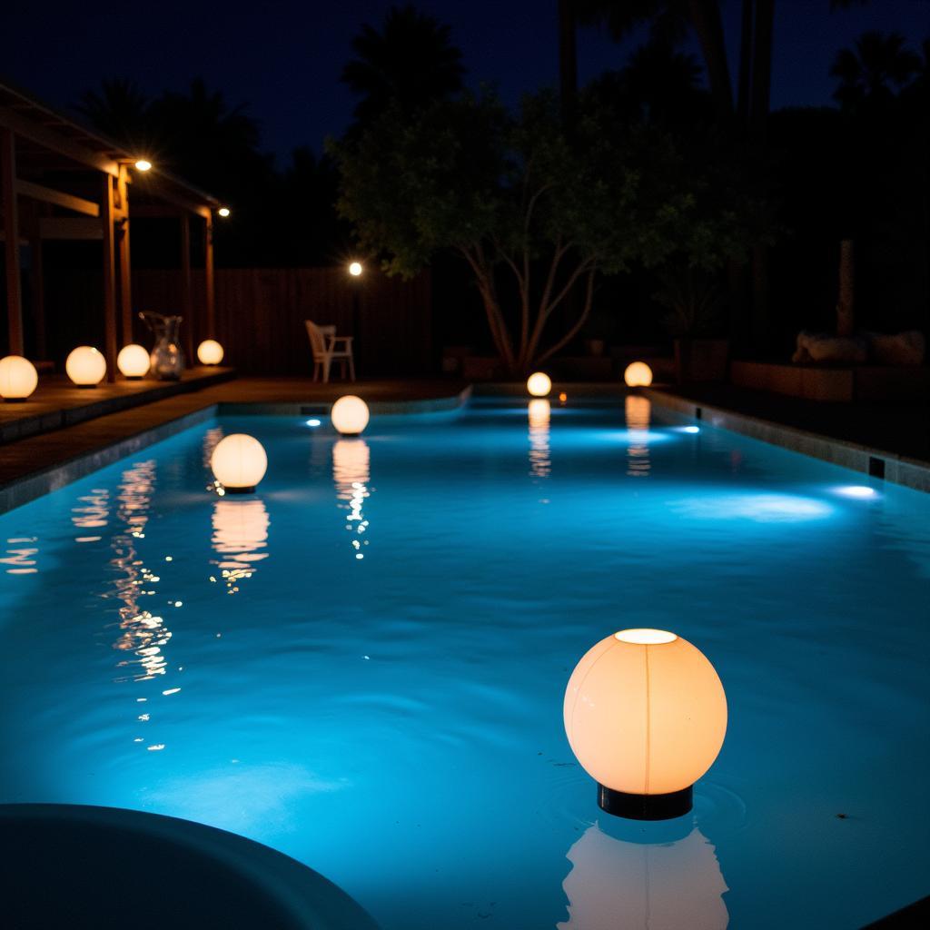 Magical Pool Ornaments Illuminated at Night