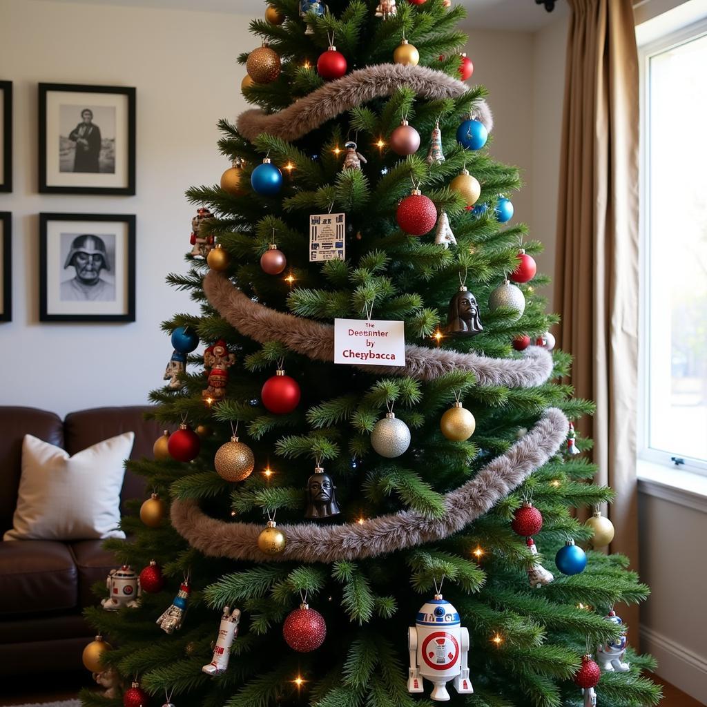 Star Wars themed Christmas tree with ornaments and a name tag