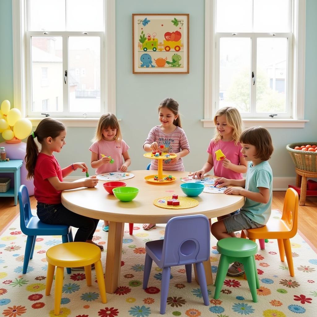 Kids playing at a Pottery Barn activity table in a brightly lit playroom