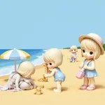 Precious Moments Summer figurines playing on the beach, building sandcastles and splashing in the waves.