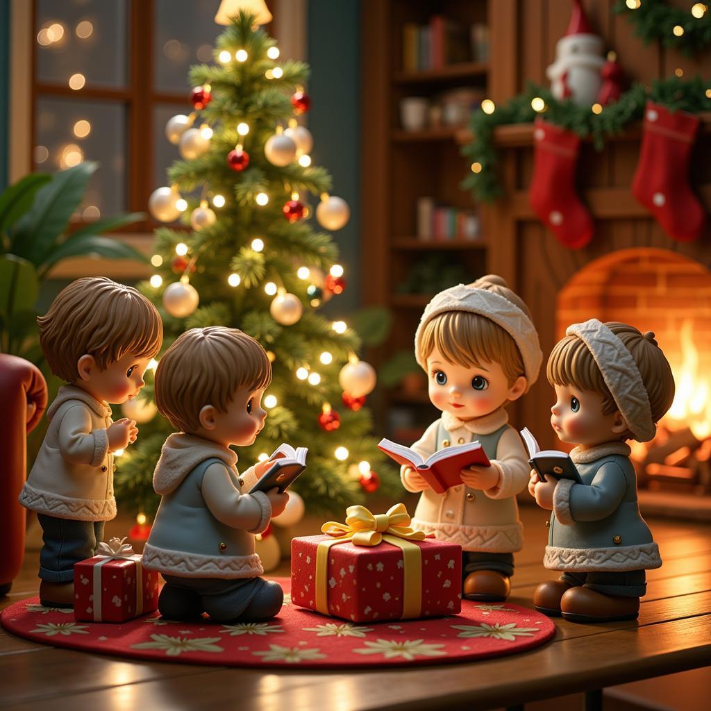 Precious Moments Winter figurines gathered around a Christmas tree, opening presents and singing carols.