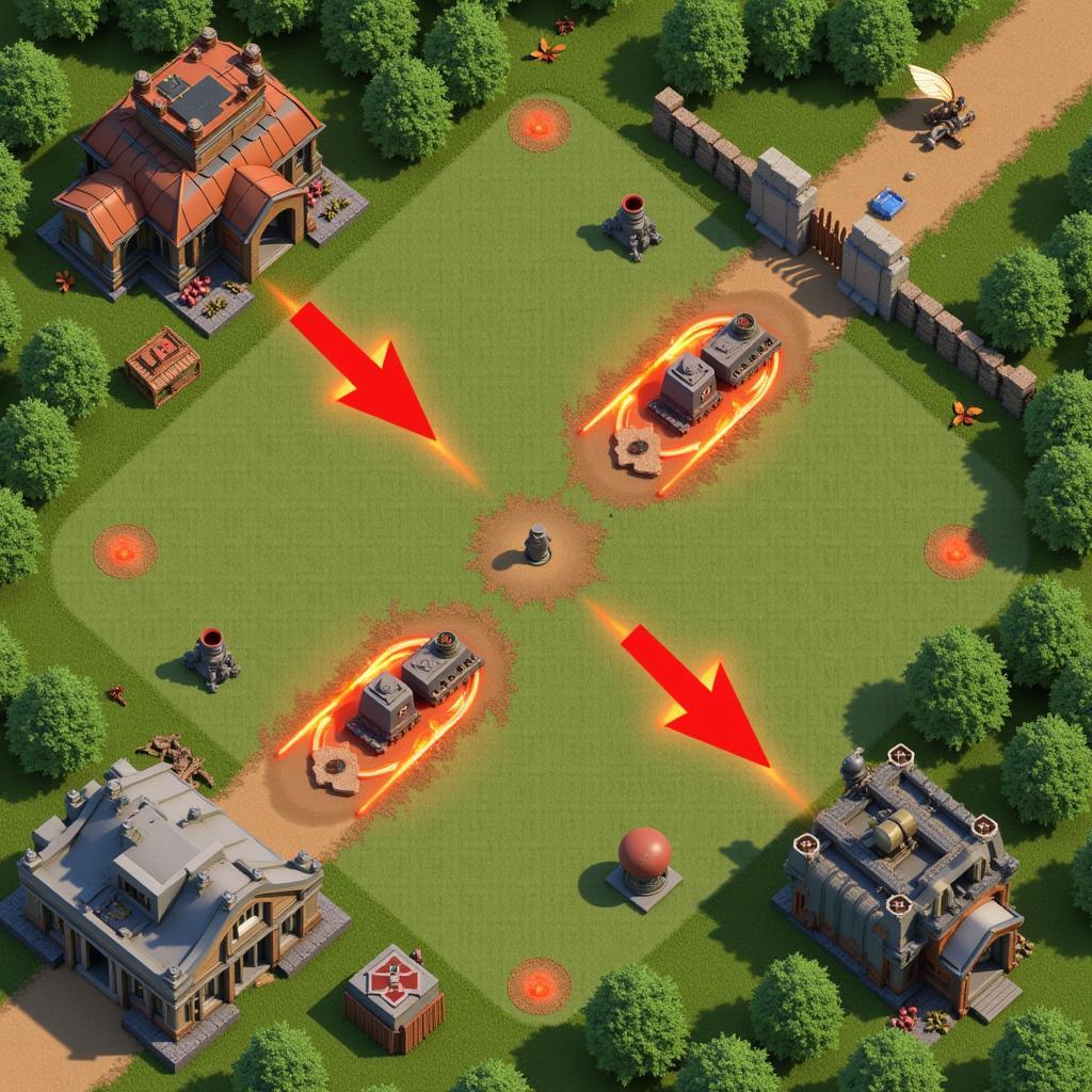 Predictive Positioning: Illustration of units strategically positioned to intercept an anticipated enemy attack, demonstrating proactive defend patch tactics.