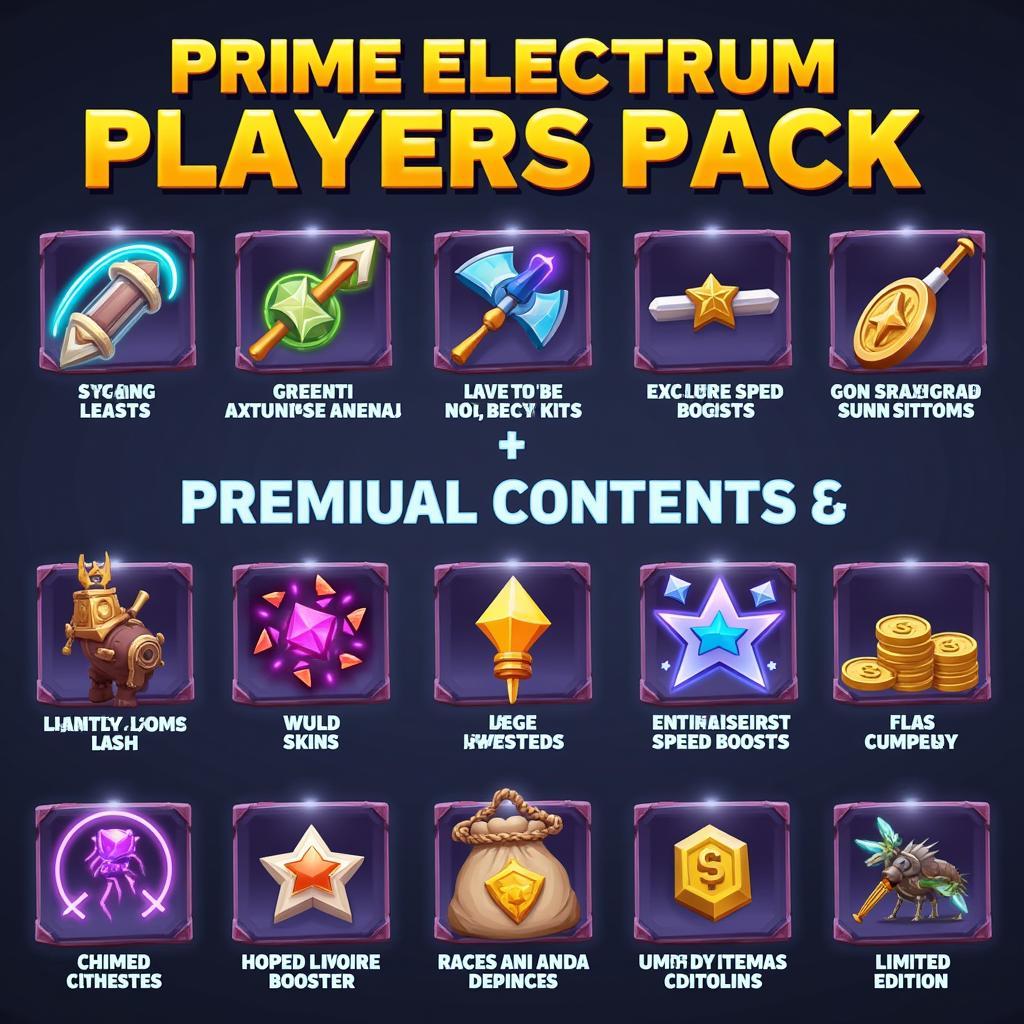 Prime Electrum Pack Contents: A visual representation of the potential items found within, including characters, skins, currency, and boosters.