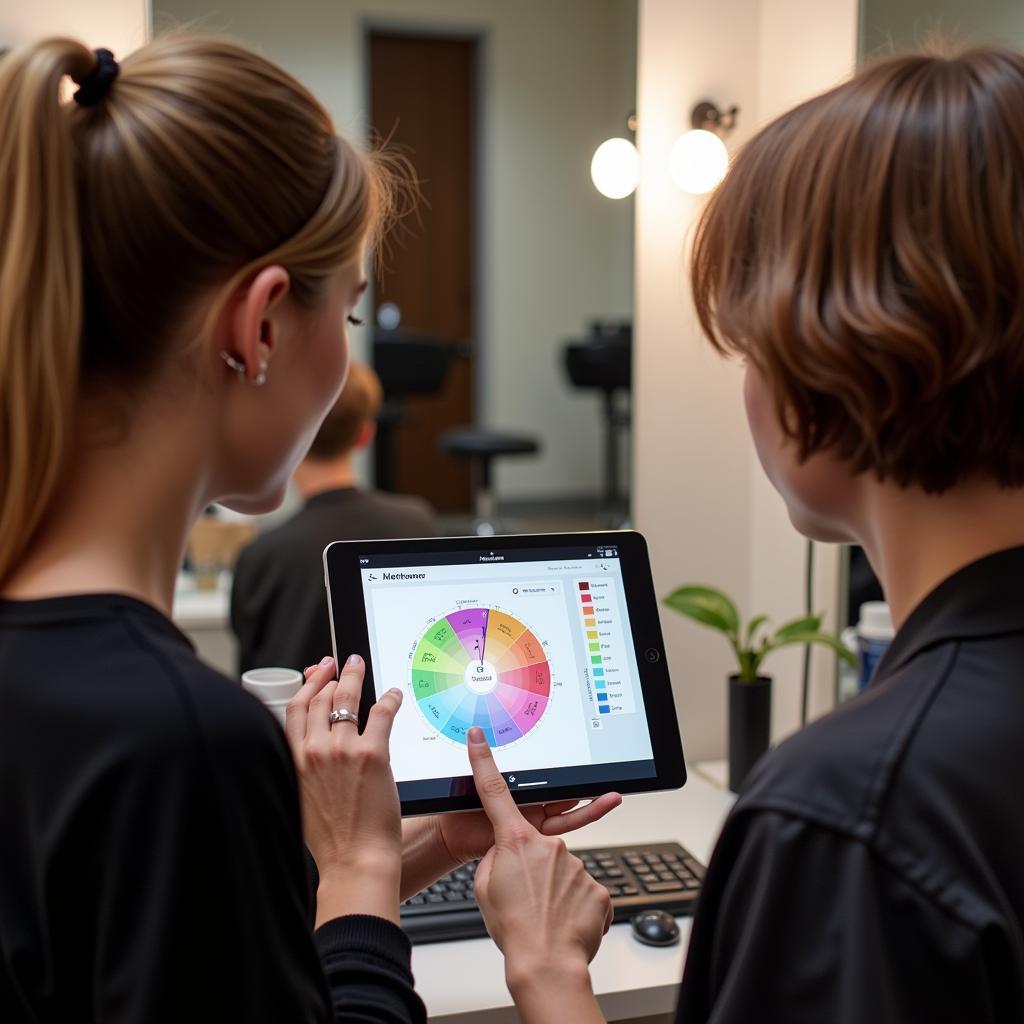 Professional Stylist Utilizing a Hair Color Picker Wheel with a Client