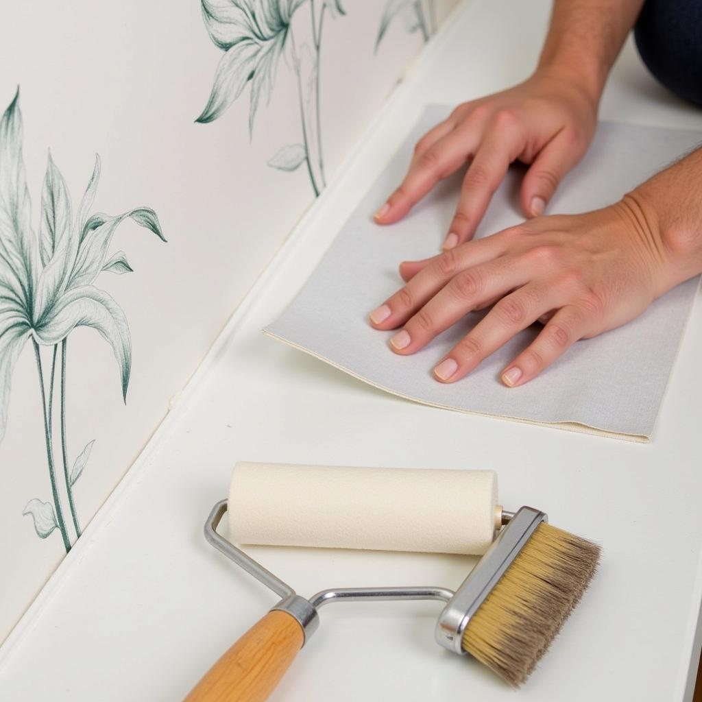 A wallpaper decorator meticulously installing wallpaper