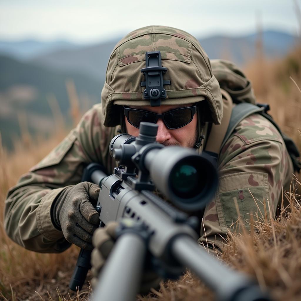 A sniper in a military simulation game taking aim from a prone position.