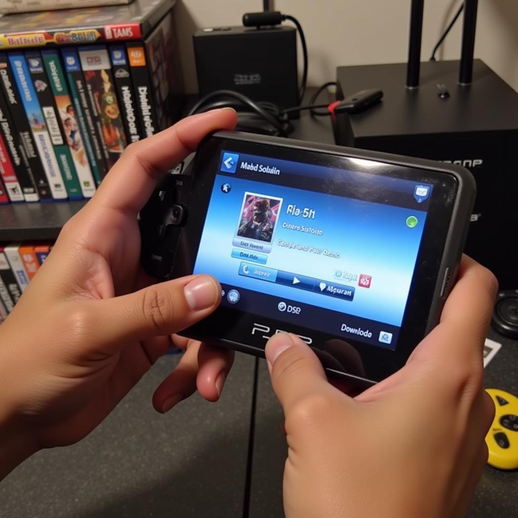 A person downloading a PSP game demo.