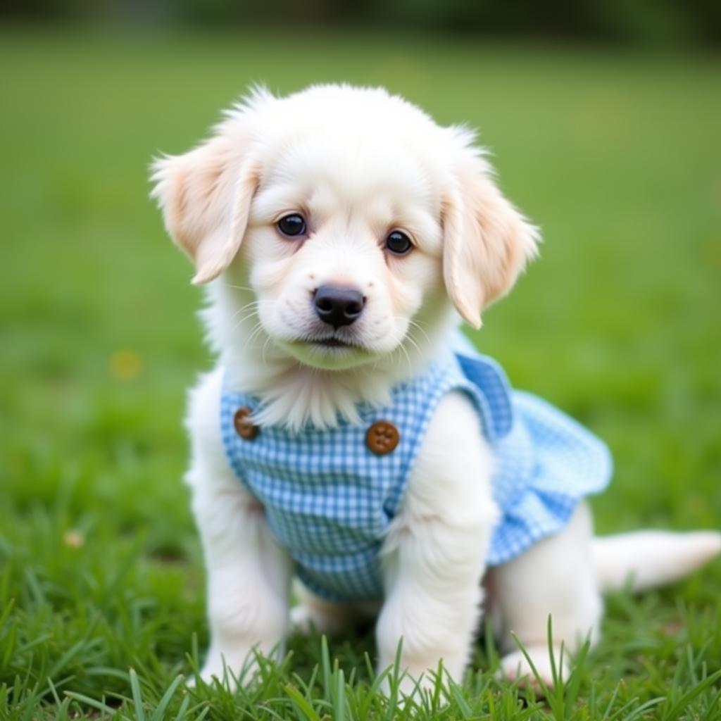 Puppy wearing a light summer dress