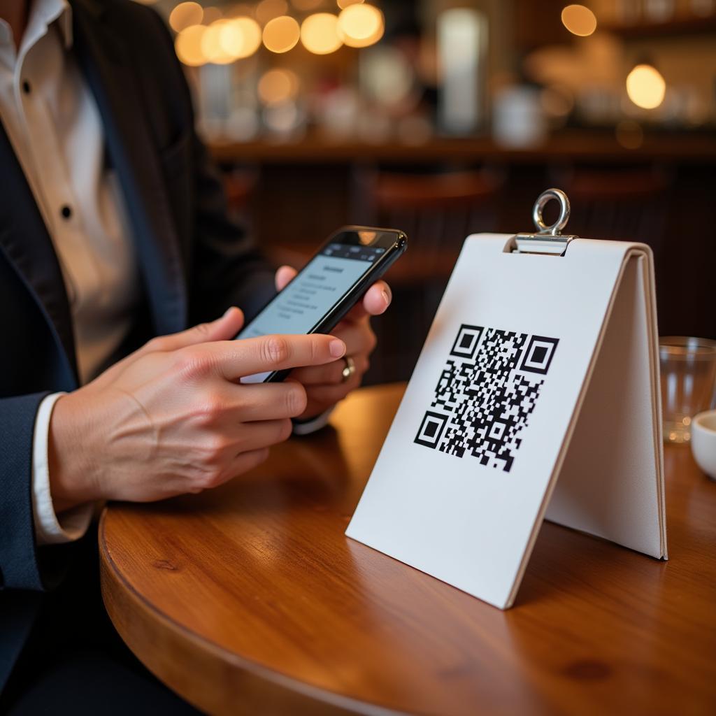 A smartphone scanning a QR code menu on a table