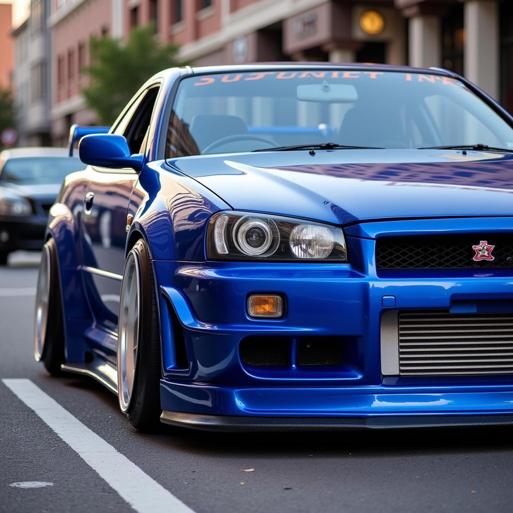 R34 Skyline with a widebody kit showcasing its aggressive stance and wider track.