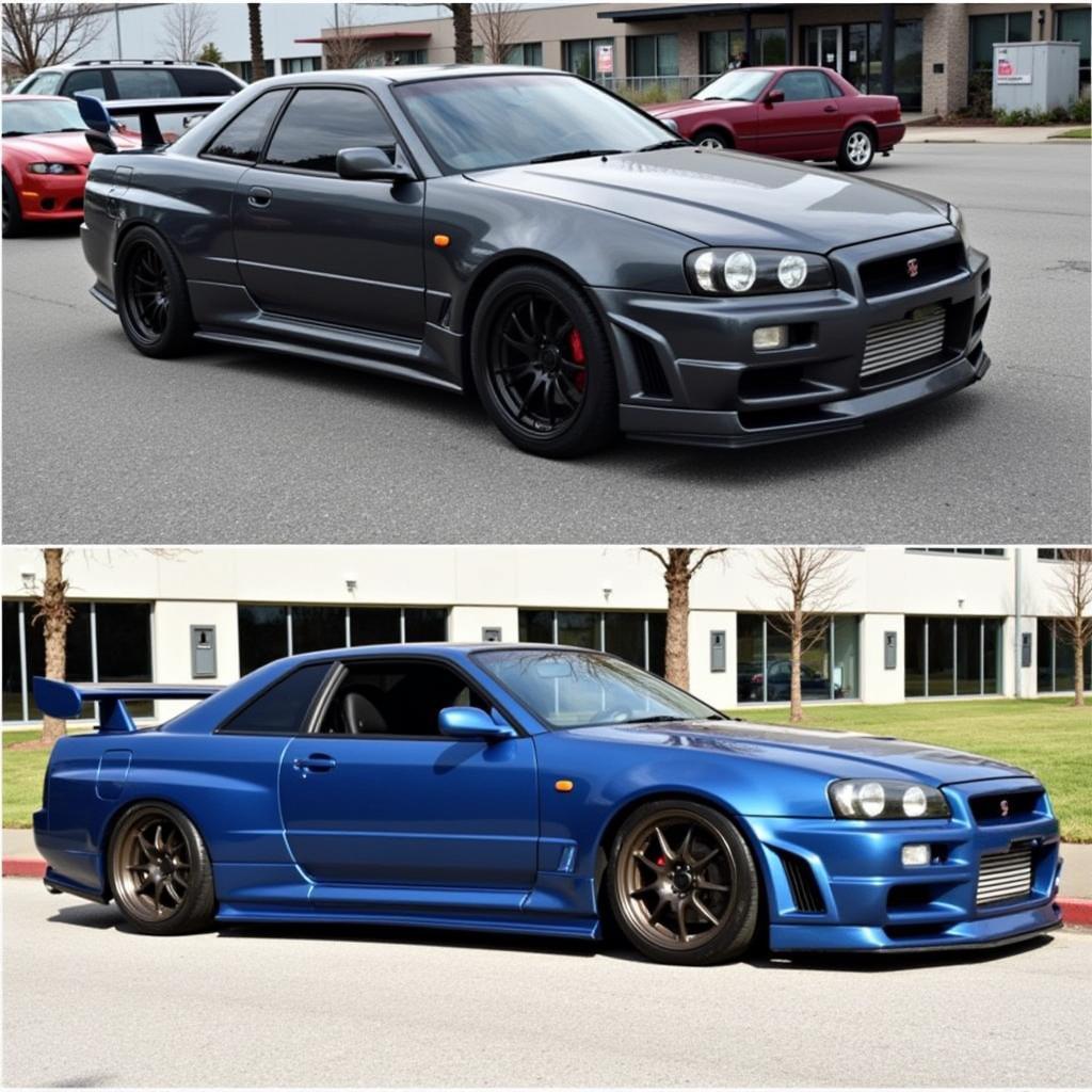 Comparison of different R34 widebody kits, showcasing variations in style, materials, and complexity.