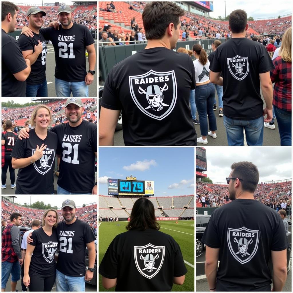 Raiders fans proudly displaying their patches on jackets, hats, and bags.