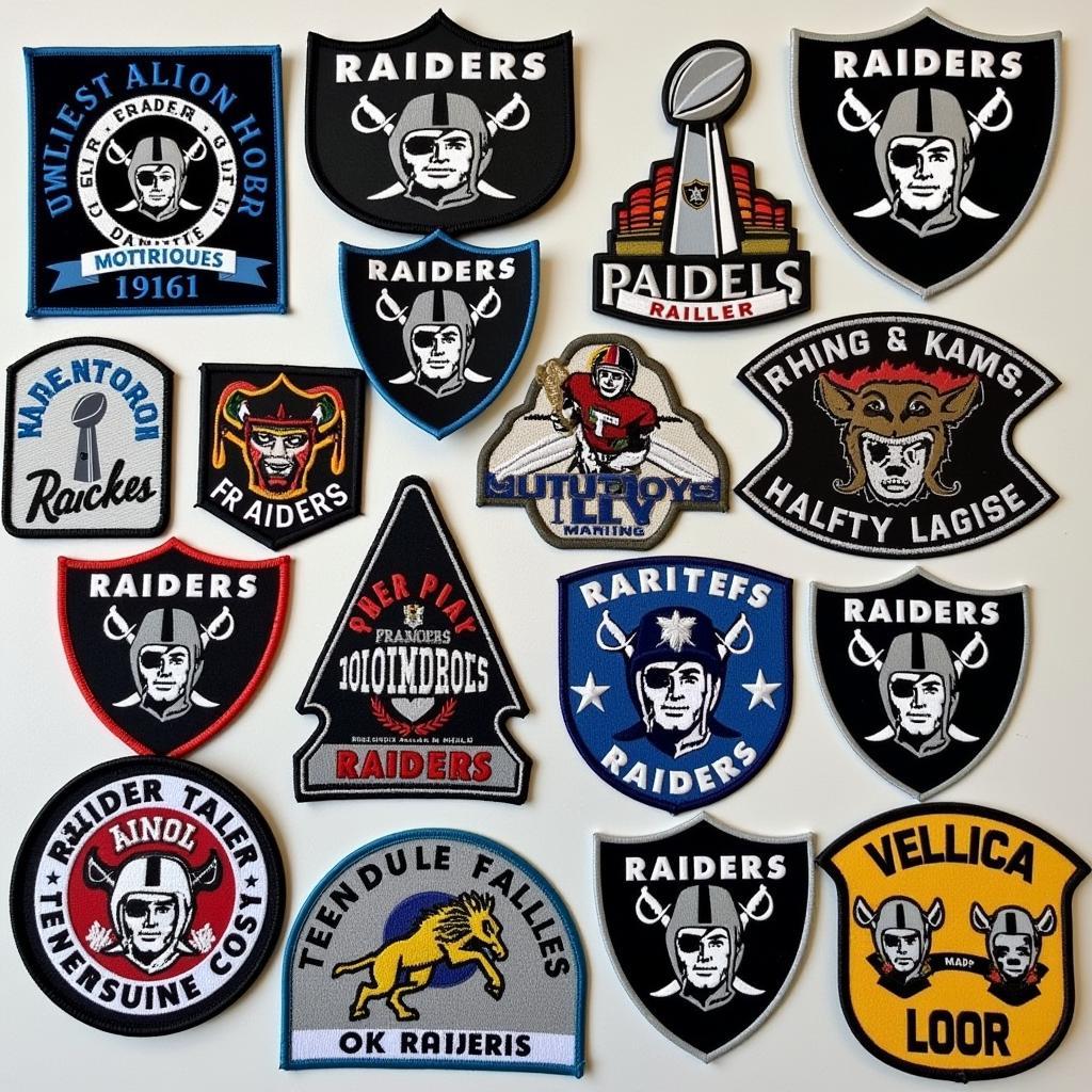 A collection of various Raiders patches showcasing different eras and designs.