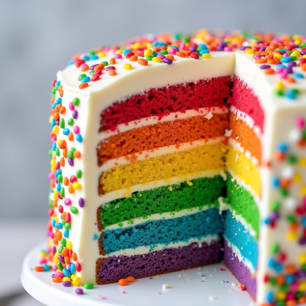 Close-up of a rainbow sliced cake with vibrant layers