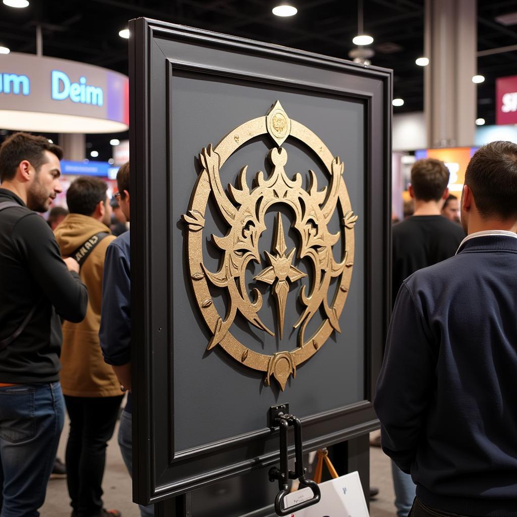 A close-up of a rare, limited-edition origins poster being displayed at a gaming convention booth, with attendees admiring the artwork.