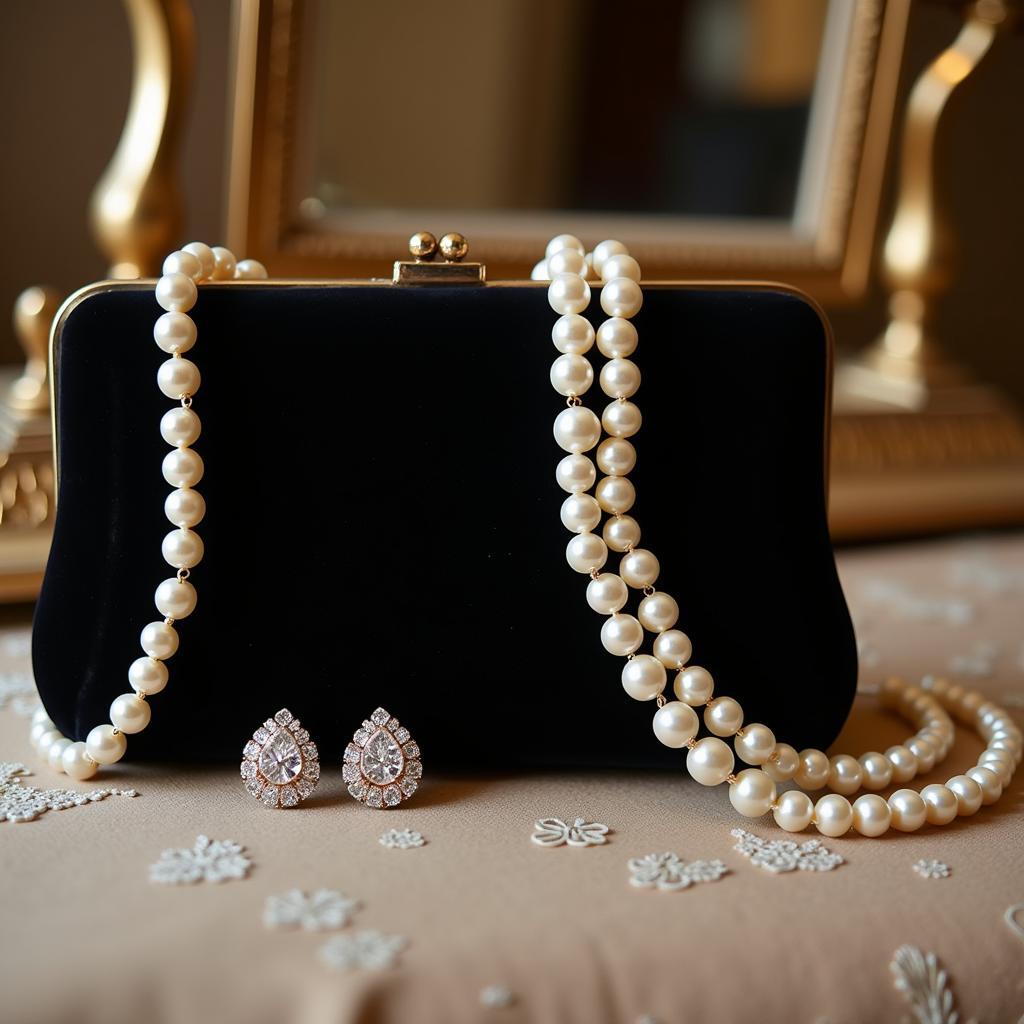 Close-up of retro glamour accessories including pearl necklace, diamond earrings, and a vintage clutch.