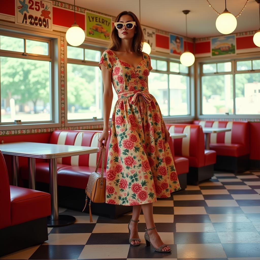 A woman in a 1950s inspired retro glamour outfit, featuring a full skirt and fitted bodice.