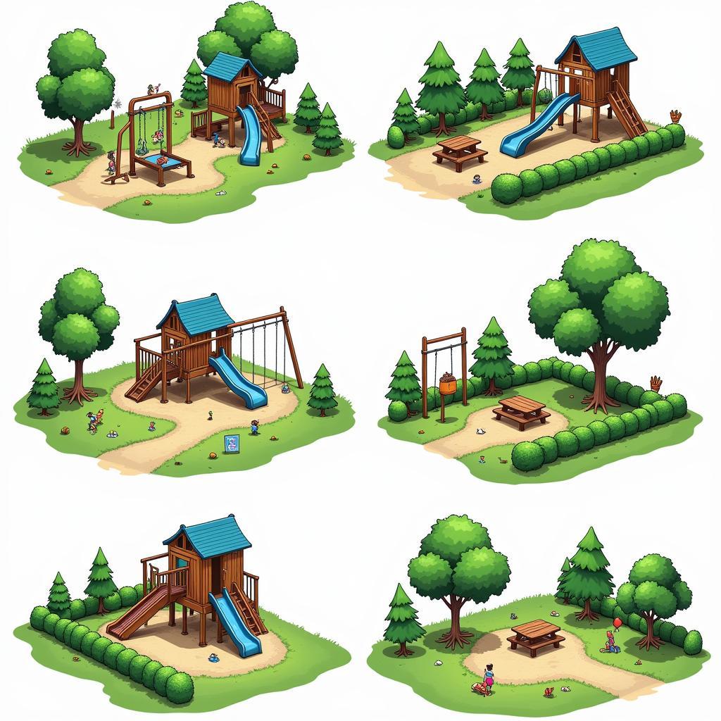 Building process of Sara Sims Park in The Sims 4, showing the placement of objects and landscaping.