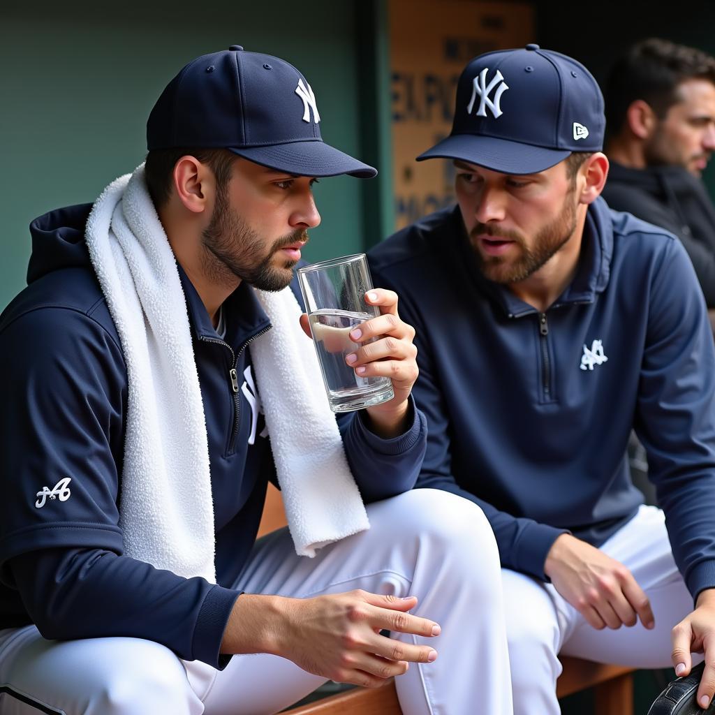 A baseball pitcher taking a break during a game to recover and rehydrate.