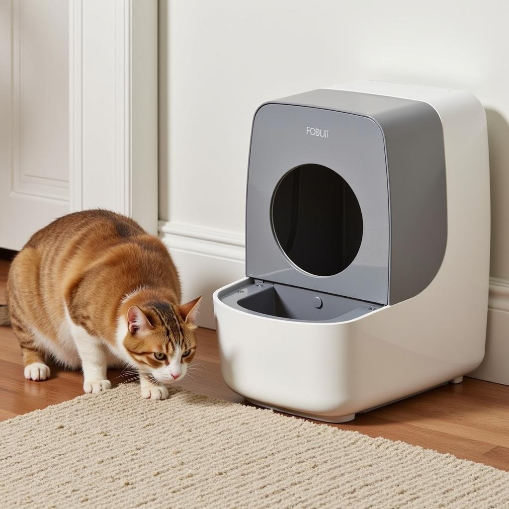 Self-cleaning litter box automatically sifting and disposing of waste.