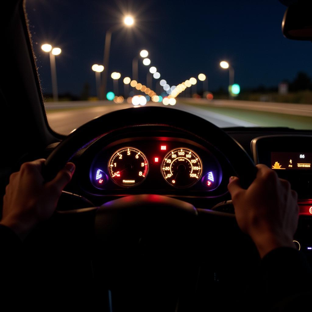 Shift lights illuminating on a car's dashboard during a race.