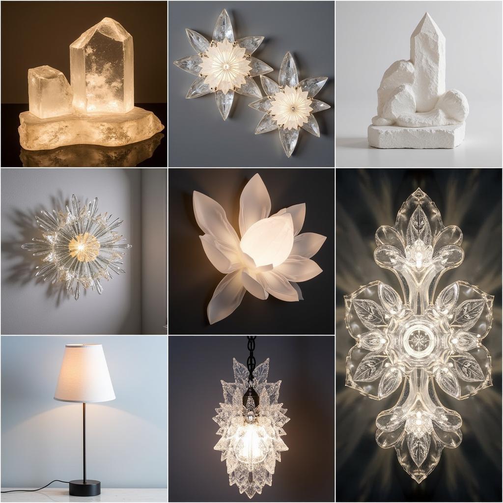 Various Sims 4 crystal decor mods, including sculptures, lamps, and wall art.