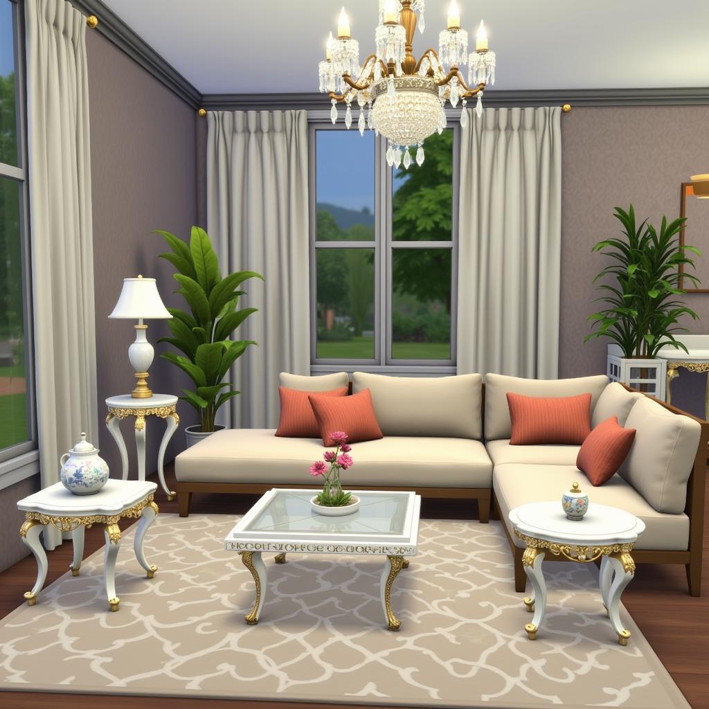 Sims 4 crystal furniture mod showcasing a living room with crystal tables and chairs.