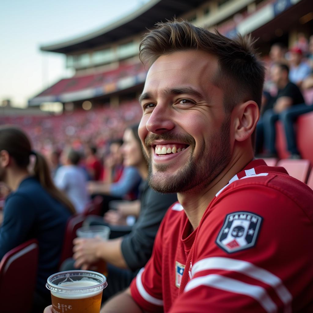 A fan enjoys the game from the stands, savoring the experience without distractions.