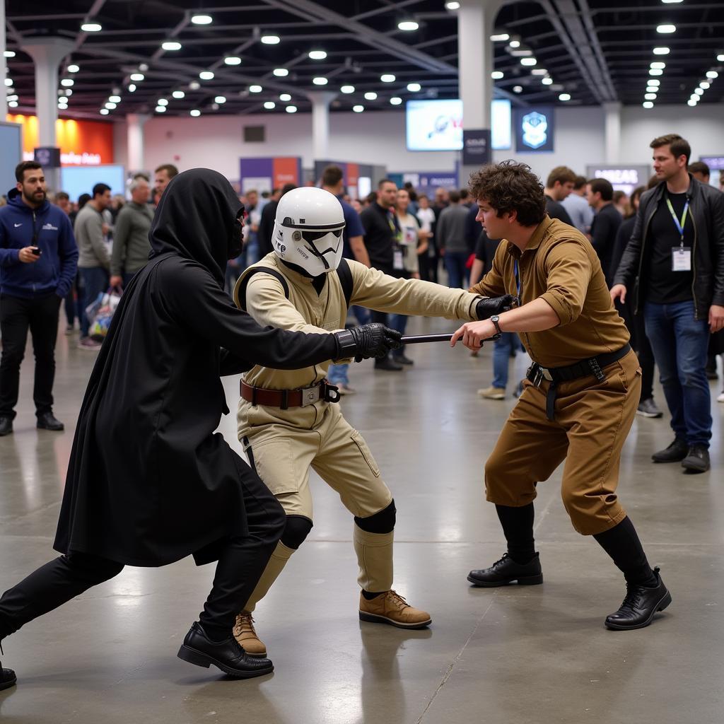 People cosplaying and playing Star Wars tag at a convention