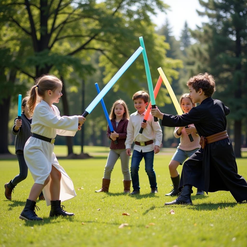 Kids playing Star Wars tag in a park