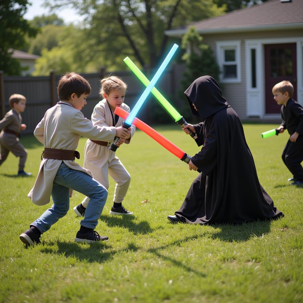 Children playing Jedi vs. Sith tag game