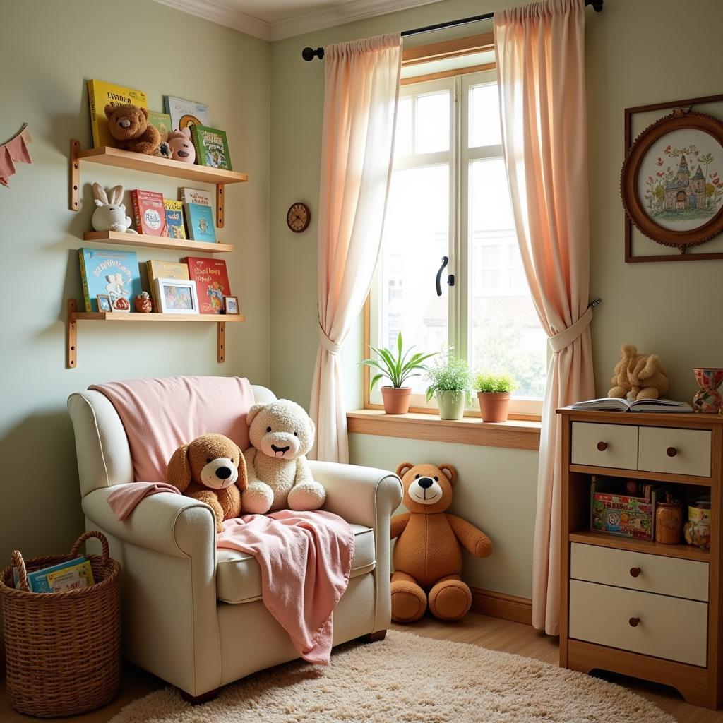 Storybook Nursery Decor Ideas: A cozy reading nook with plush toys and colorful books.