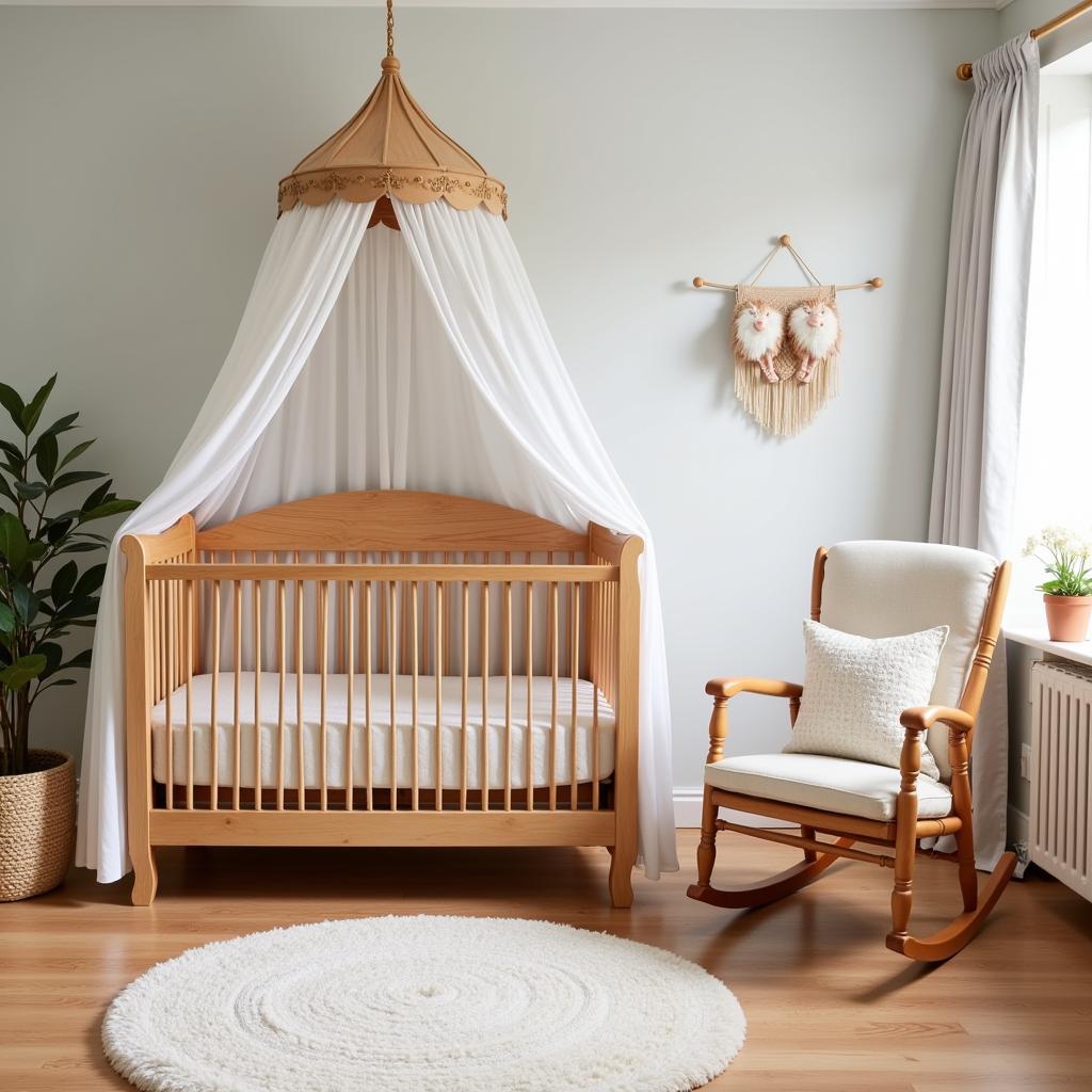 Storybook Nursery Furniture Ideas: A whimsical crib with canopy and a wooden rocking chair.