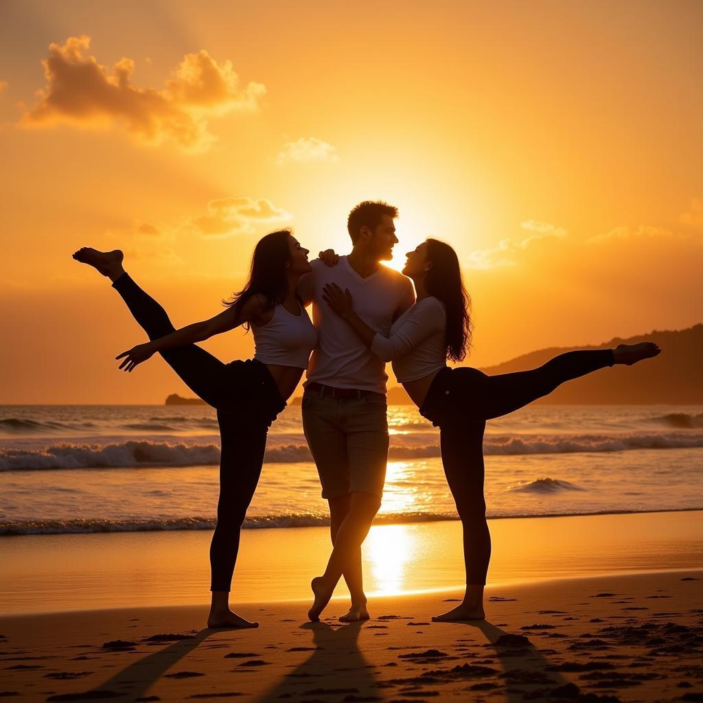 Three Adults in a Dynamic Pose on a Beach at Sunset