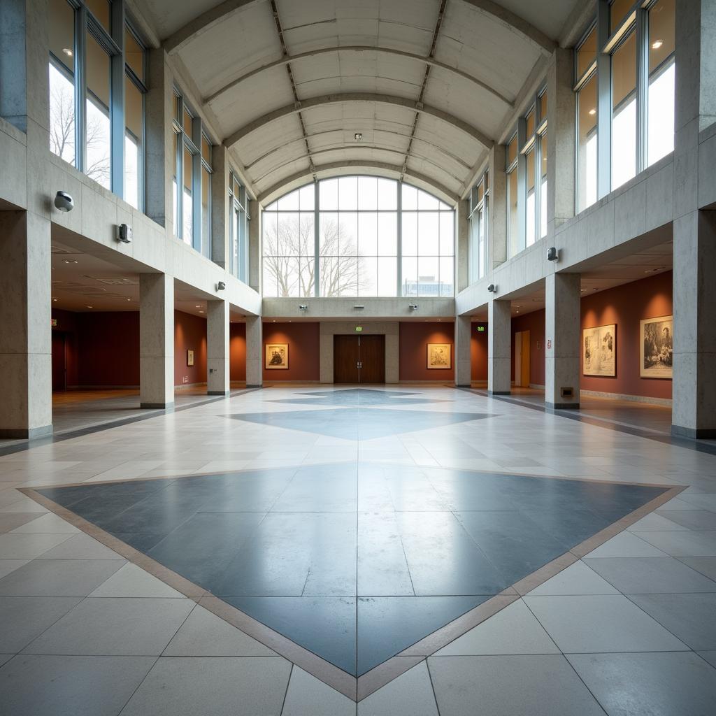 Triangular floor design in a modern museum, showcasing an artistic and architectural statement.