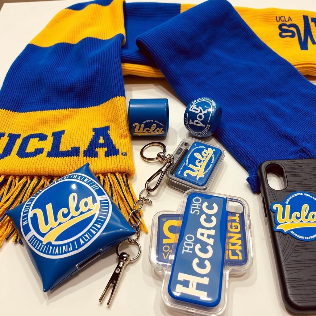 Various UCLA Bruins accessories such as scarves, keychains, and phone cases.