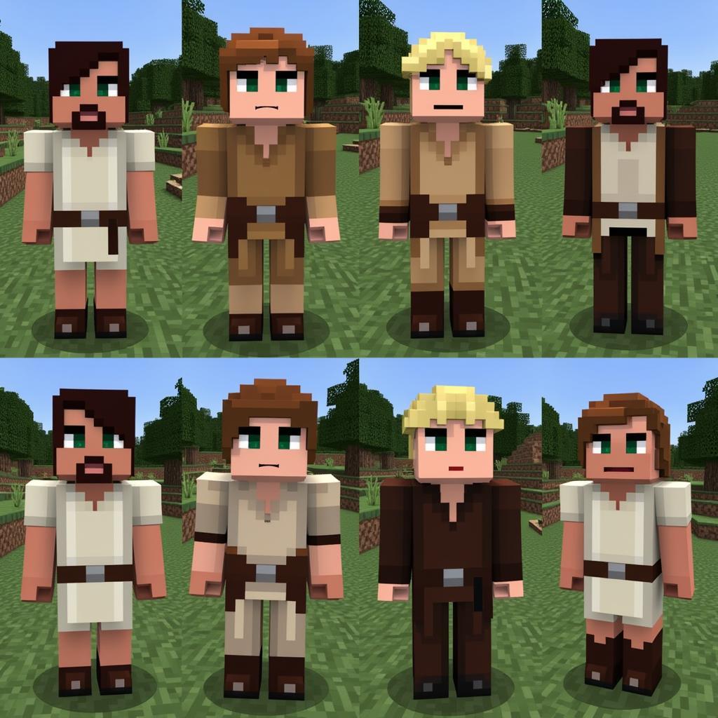 Different Luke Skywalker skins displayed within the Minecraft environment, showing how they appear in-game.