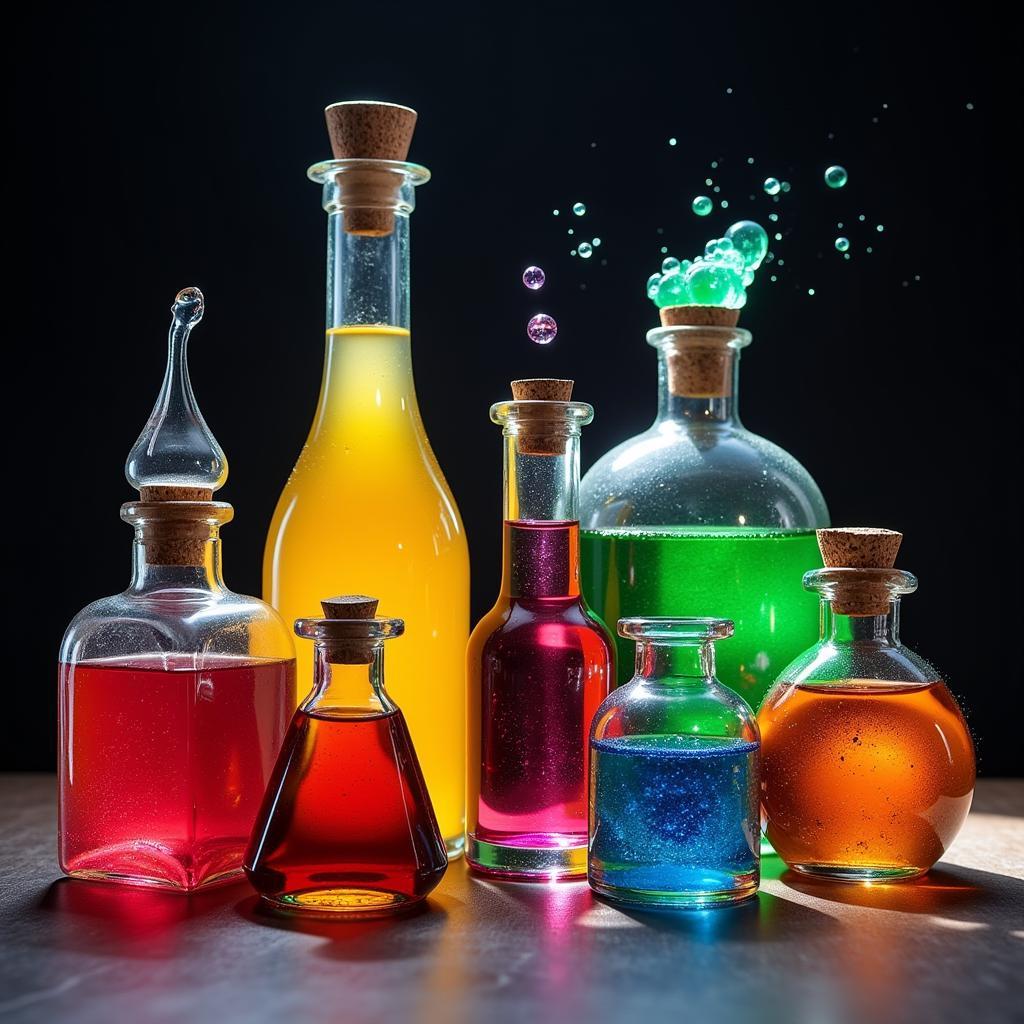 A display of various colorful potions and elixirs in different shaped bottles and vials.