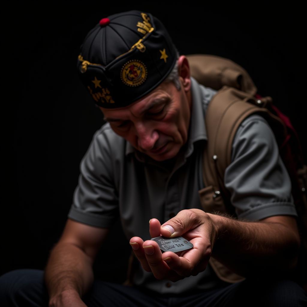 A veteran holding his dog tag reflecting on his service