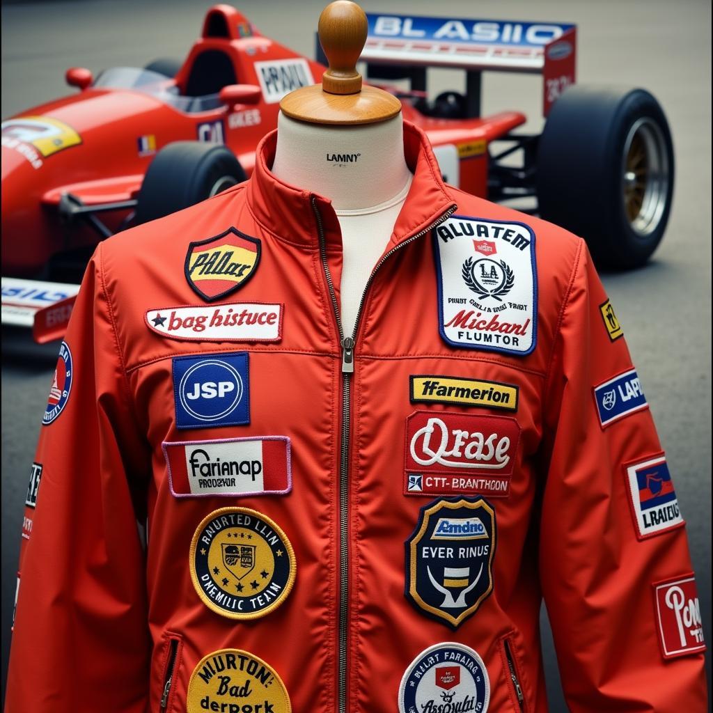 Vintage Formula 1 racing jacket displayed with various patches.