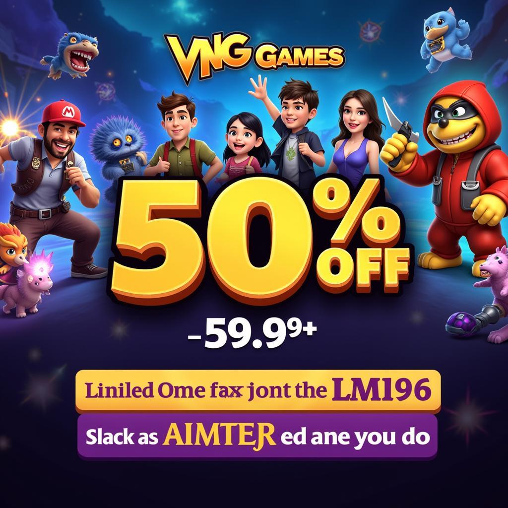 VNG Games 50% off discount banner featuring popular game characters and promotional text.