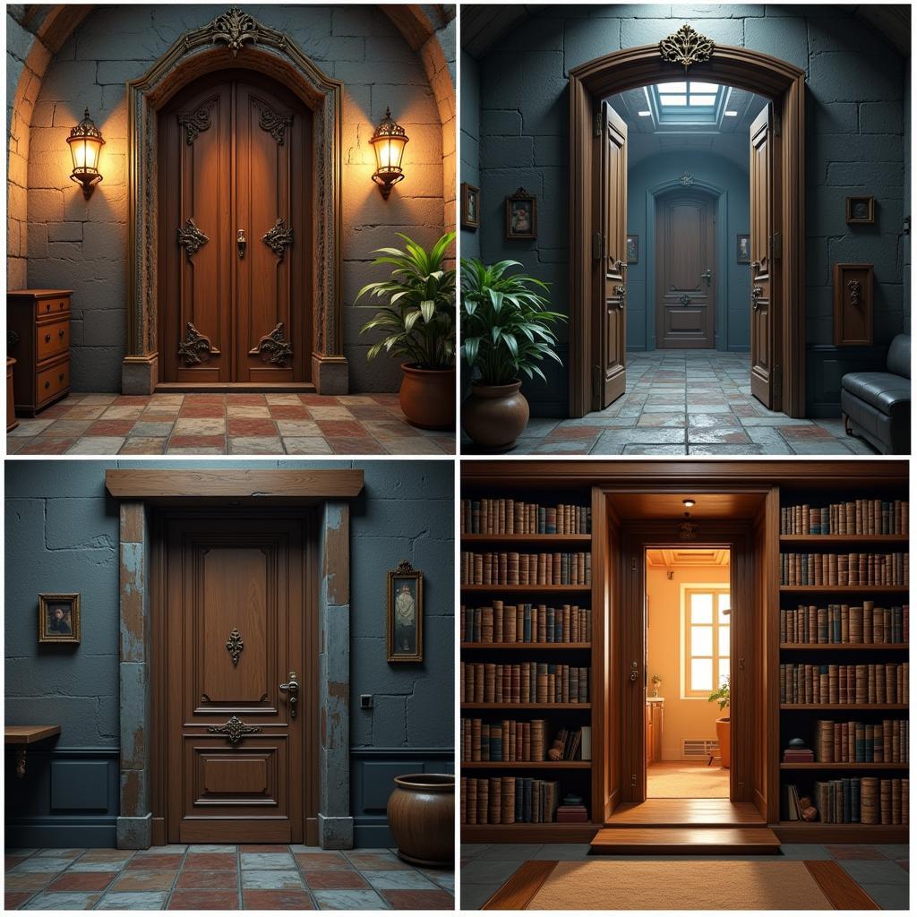 A collage showcasing various walk through doors in different video game genres, from fantasy RPGs to futuristic sci-fi settings.