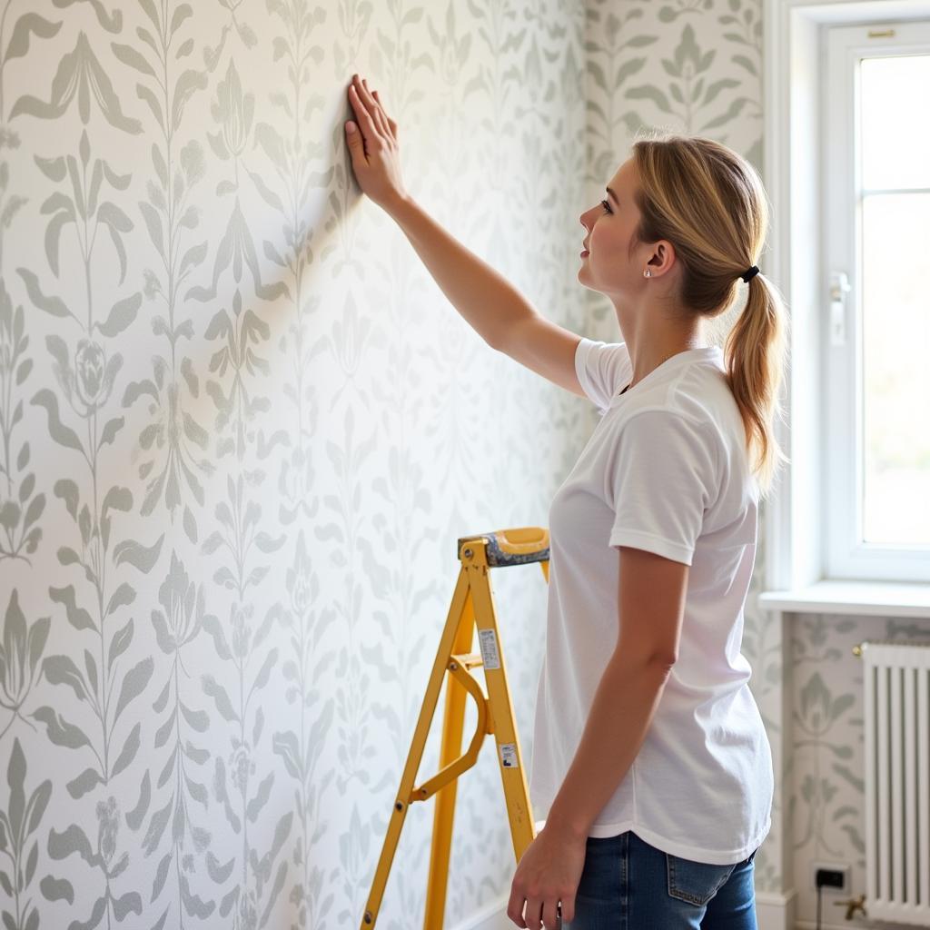 A wallpaper decorator adding finishing touches to a newly wallpapered room